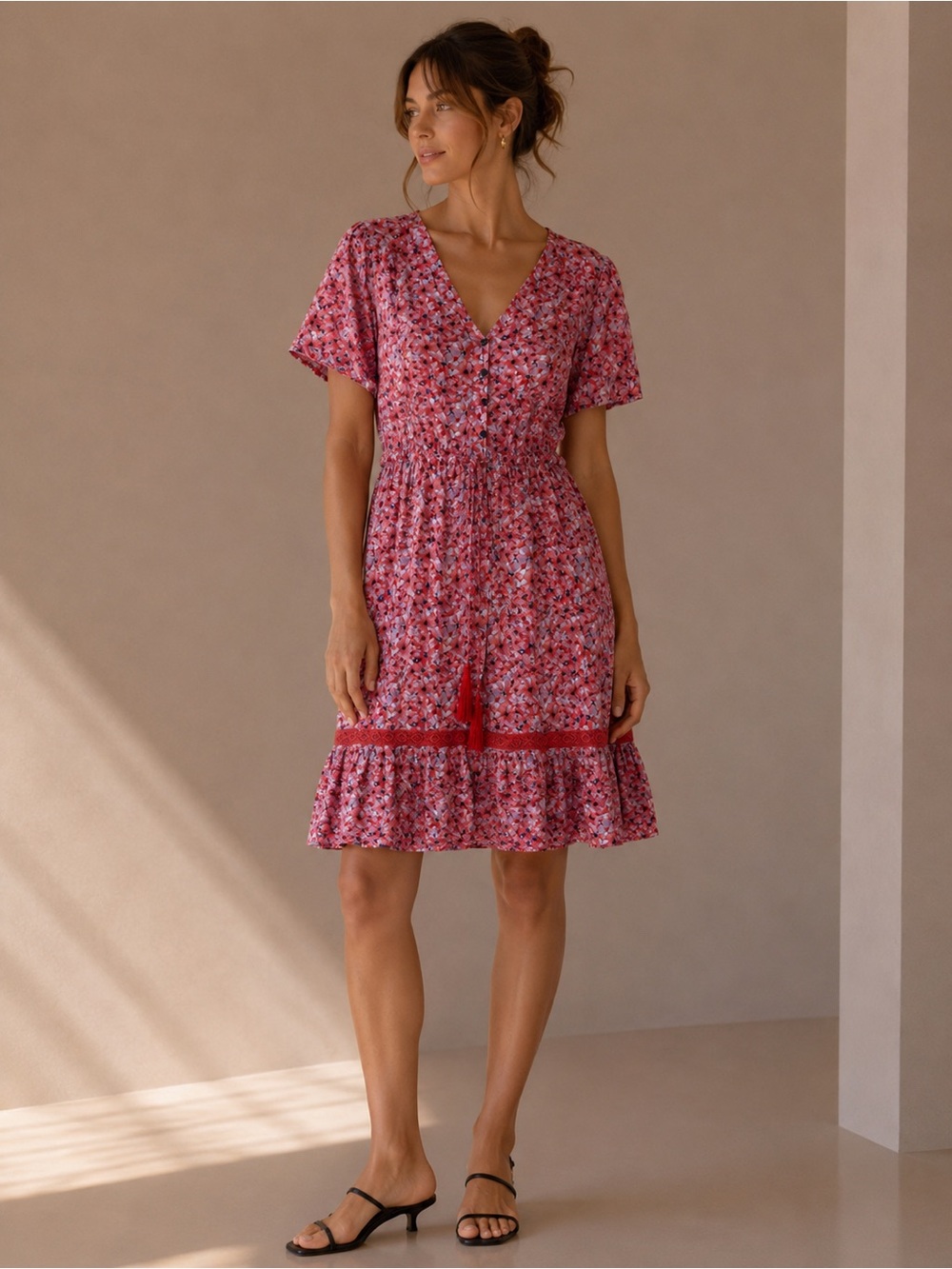 Knox Rose Pink Floral V-Neck Smocked Mini Dress Size Large